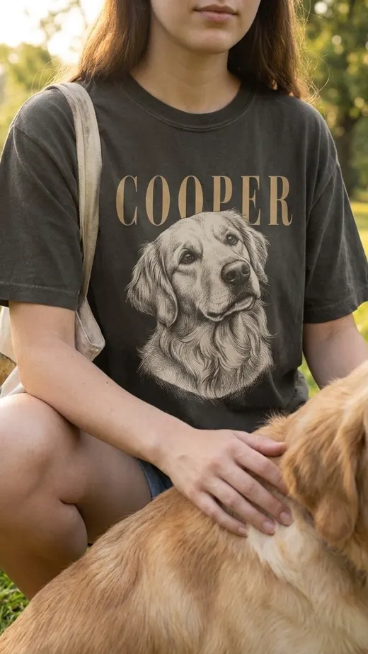 Ad scene: a woman in the tee petting her dog