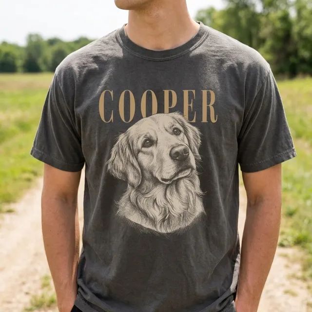 Your product photo: a Cooper dog-portrait tee