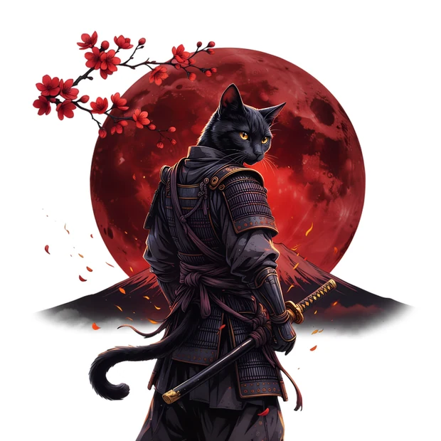 Black samurai cat with red moon design