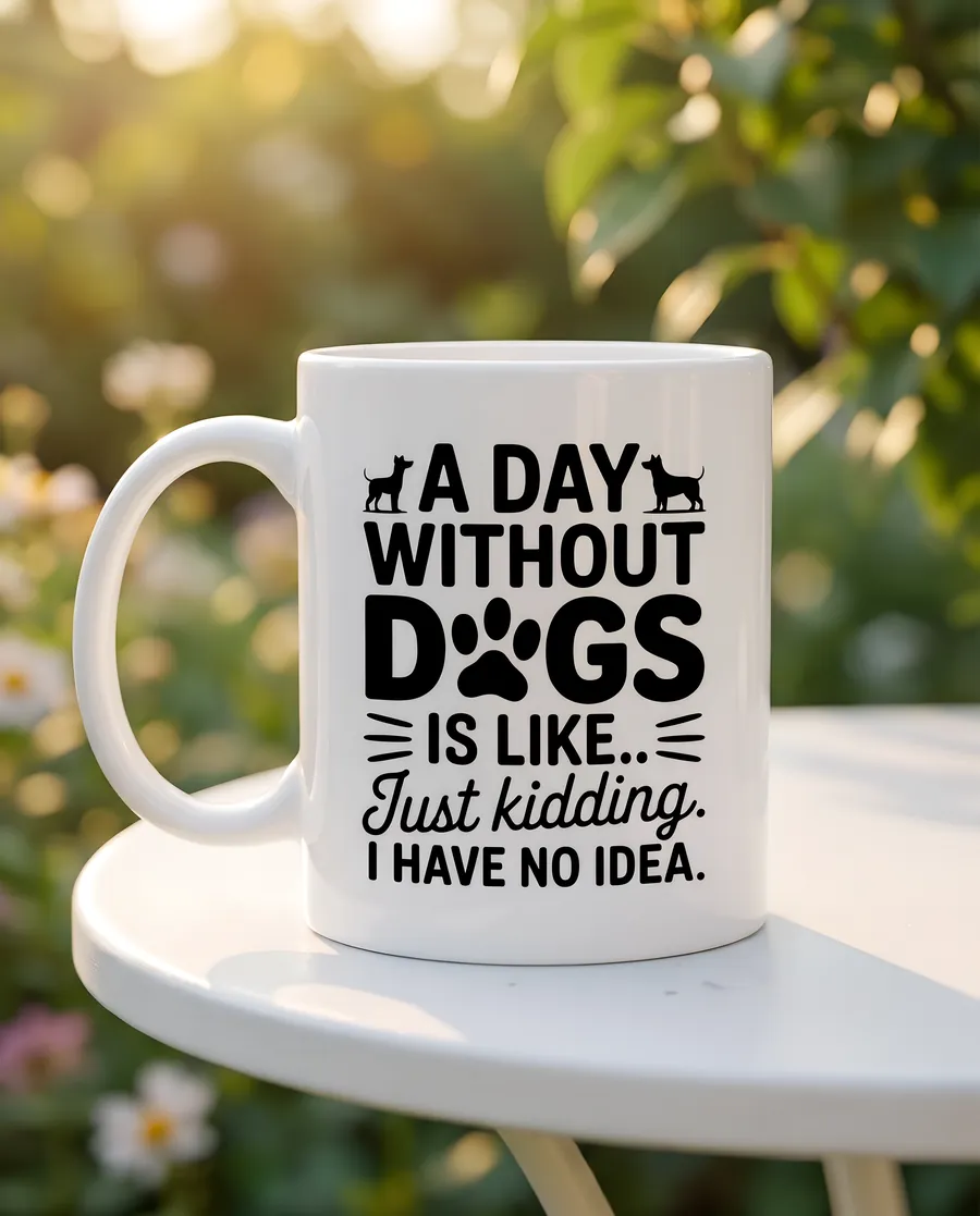A Day Without Dogs design on a mug on a garden table